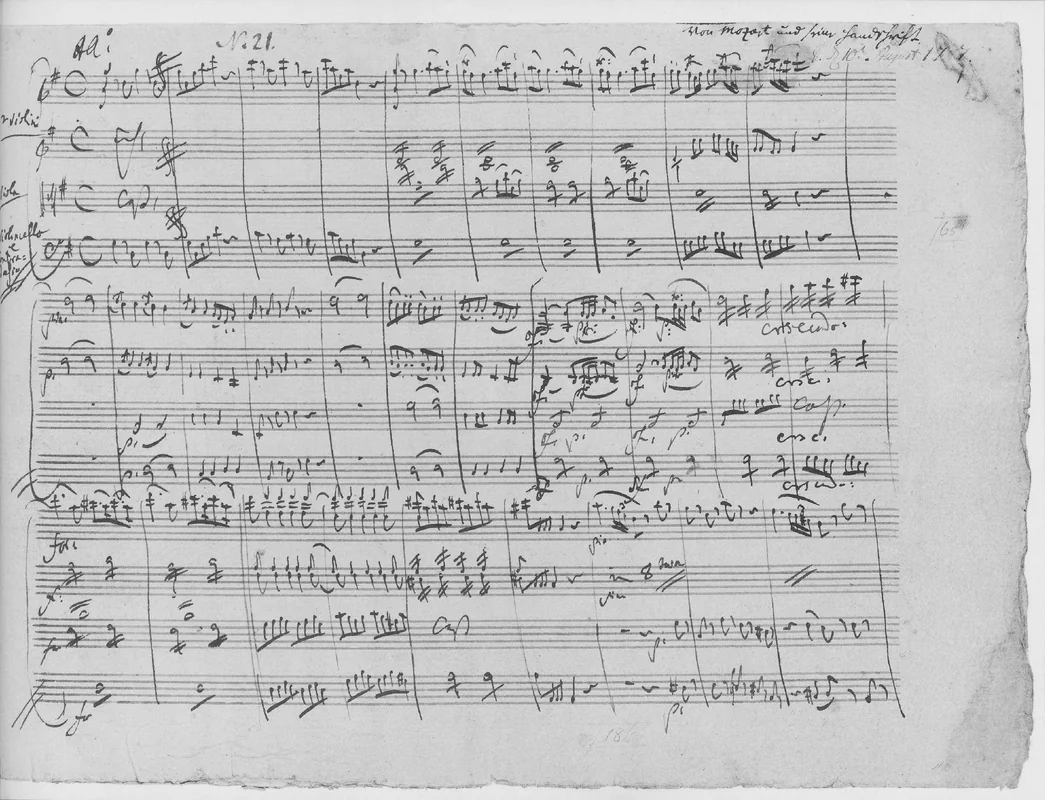 A page of Mozart's handwritten score of Eine kleine Nachtmusik, K. 525, with ink staves and notes